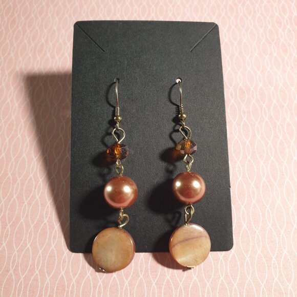 Vintage Dangle Earrings Mother Of Pearl Beads Shell Discs Fashion Handmade - Picture 5 of 5